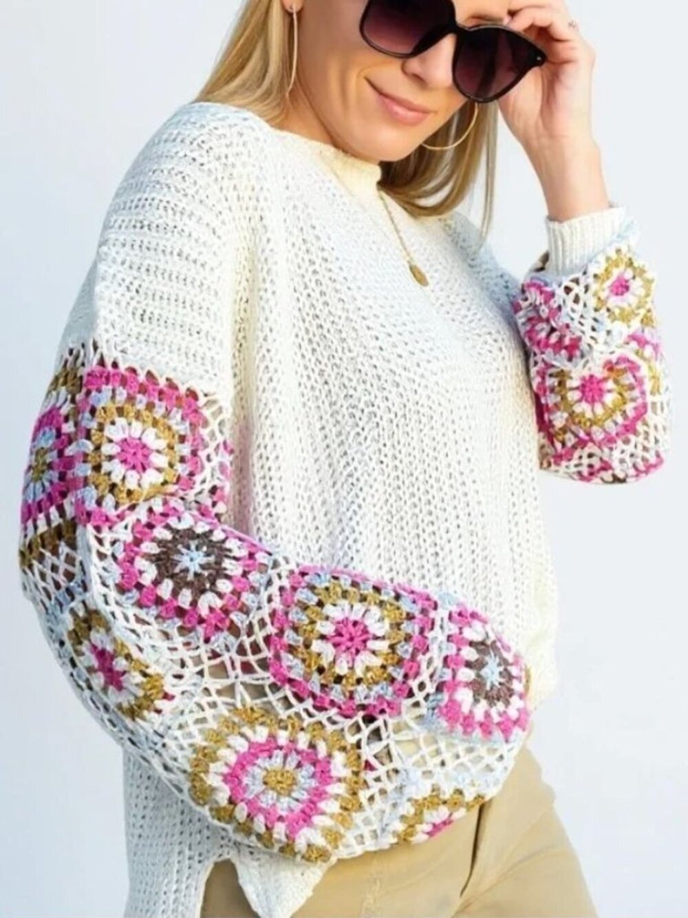 Wanna B Me Ivory Boho Crochet Sleeve Sweater Size L Oversized Knit Pullover